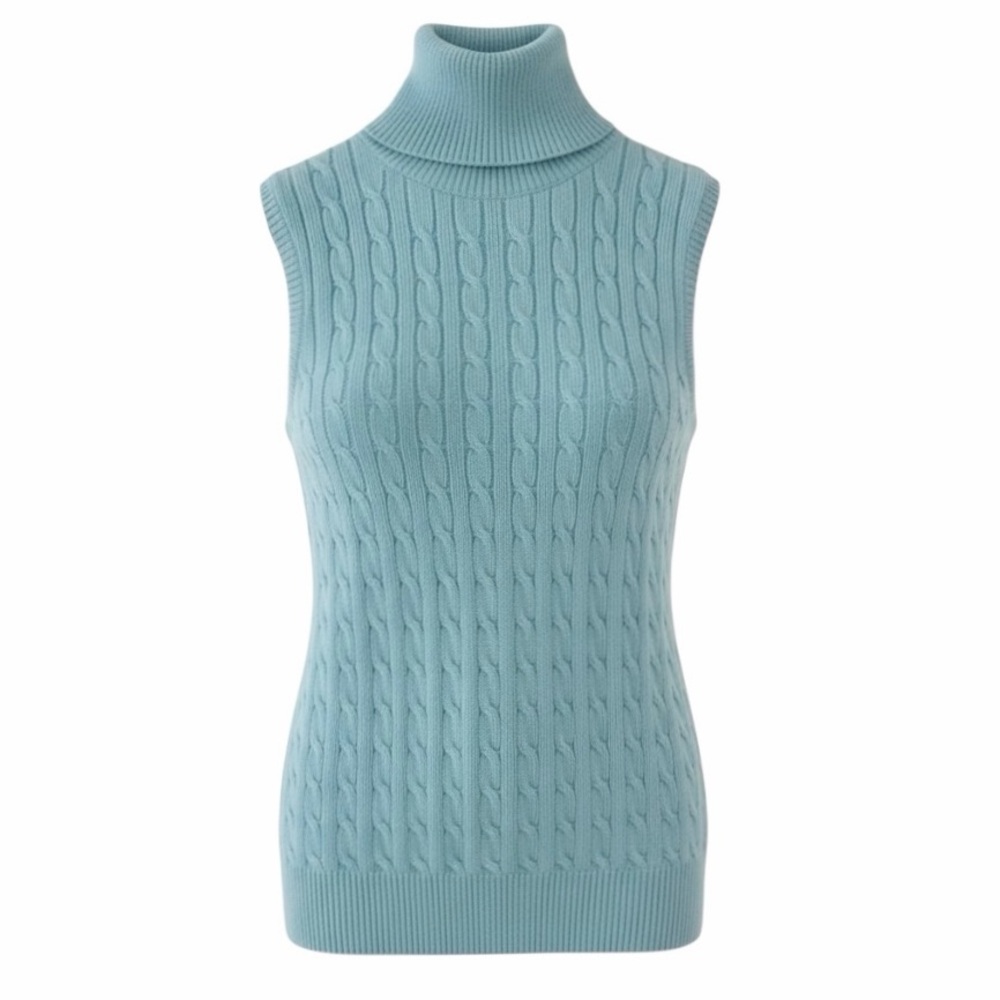 Ralph Lauren Light Blue Sleeveless Cable Knit Turtleneck Sweater Size Medium